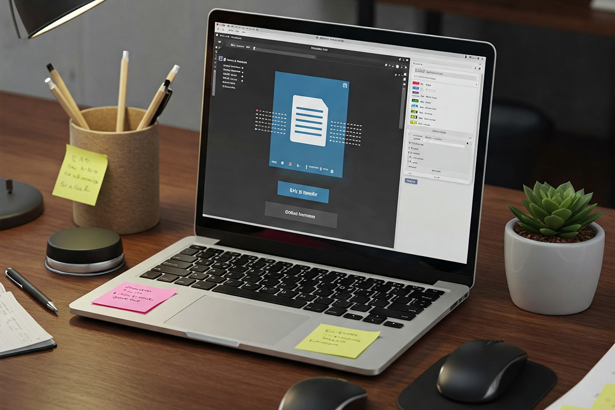 Laptop on a desk with several accessories