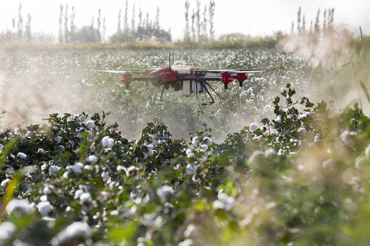 Drone flying on the field