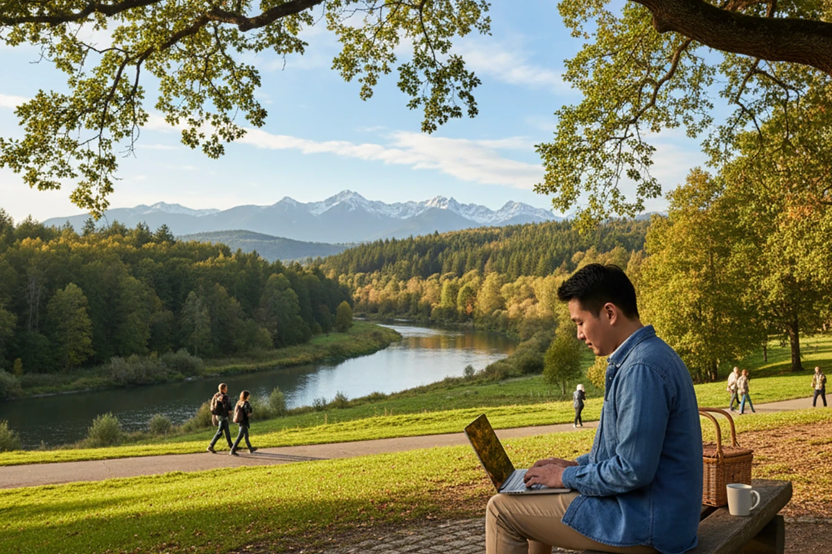 Asian man working on a laptop outdoor