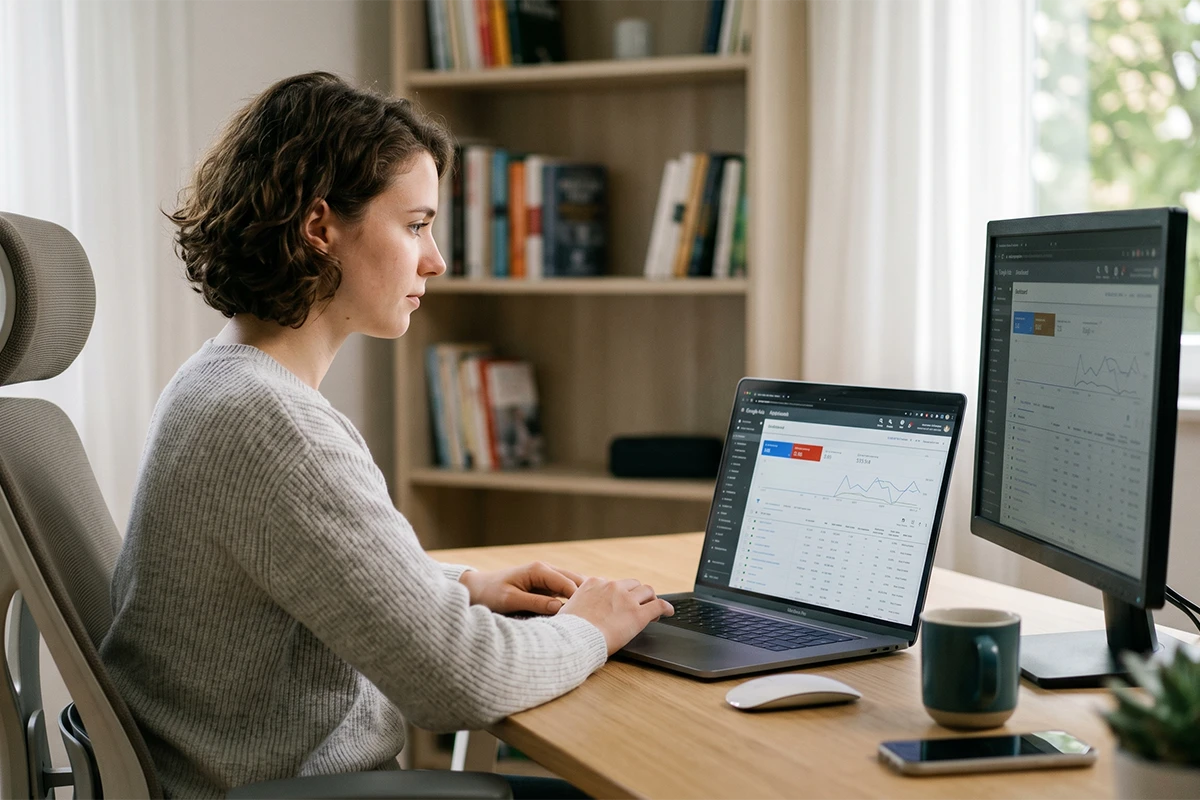A professional woman working on a laptop and monitor setup showing a Google Ads campaign dashboard in a bright home office.