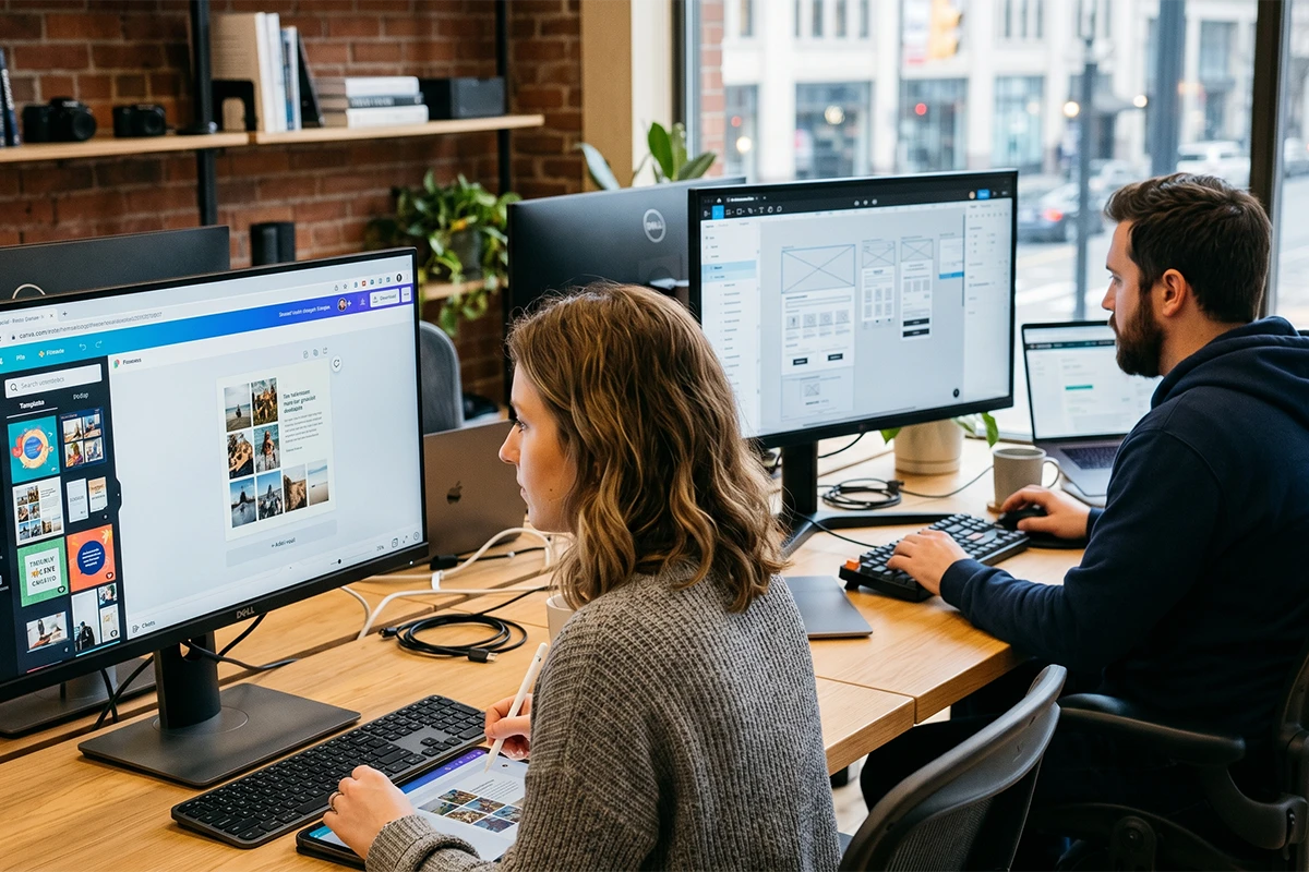 Sebuah ruang kerja desainer profesional dengan dua monitor yang menampilkan workflow desain UI/UX dan pembuatan aset marketing digital secara berdampingan.
