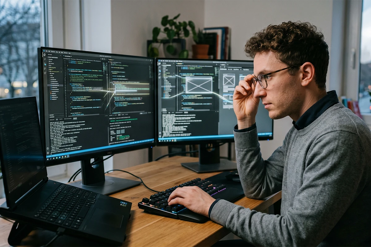 Seorang web developer senior sedang meneliti kode pemrograman kompleks di monitor komputer dalam era kecerdasan buatan (AI).