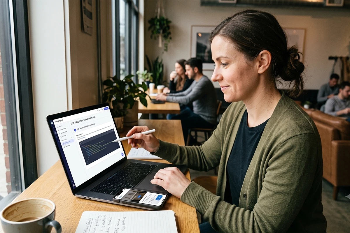 A woman sits at a wooden bar by a cafe window, using a stylus to point at a JavaScript code snippet on her laptop screen labeled TEST AND DEPLOY: Embed Chat Script.