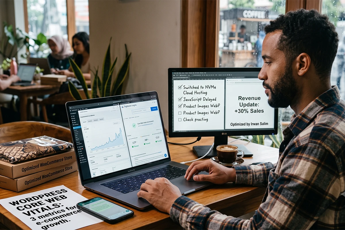 An American man working on a laptop and external monitor in a cafe, analyzing an e-commerce dashboard and a Core Web Vitals performance checklist.